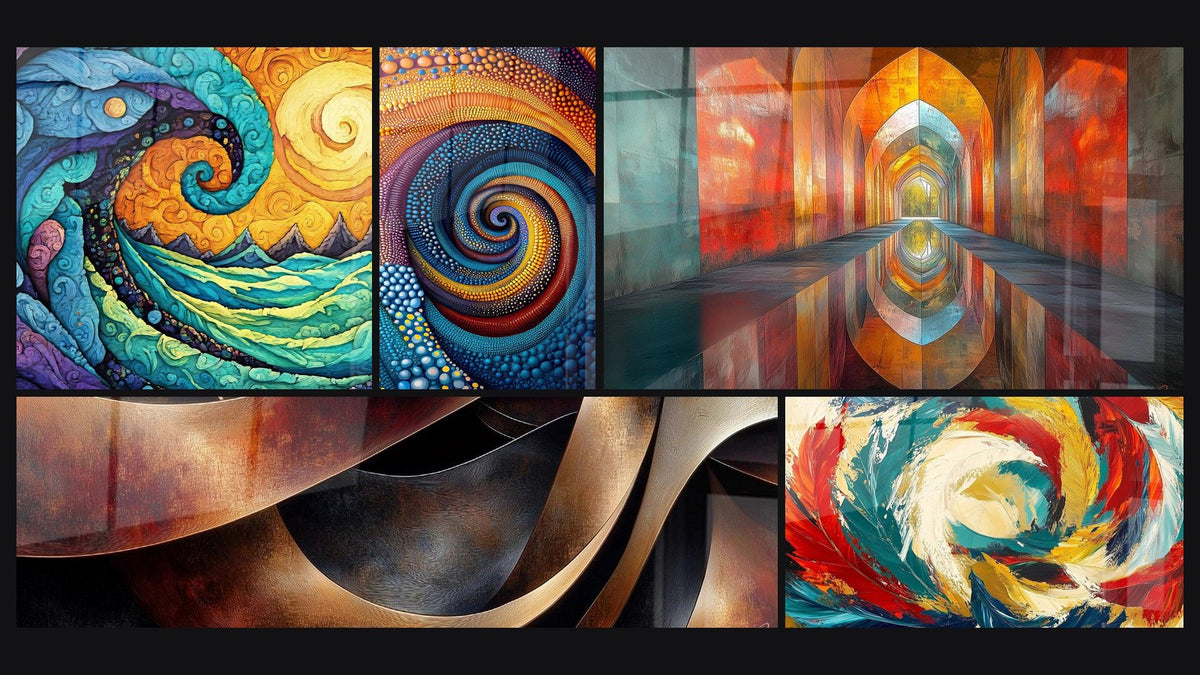 Mosaic of five paintings, including Cosmic Wave and Mountains, Multicolor Colored Spiral and Sinuosities Meditation Ochre