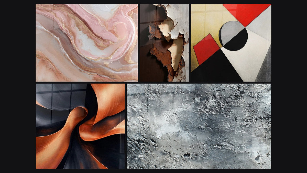 Mosaico de cinco cuadros, entre ellos Impulso Escultural en Cobre y Formas geométricas de colores