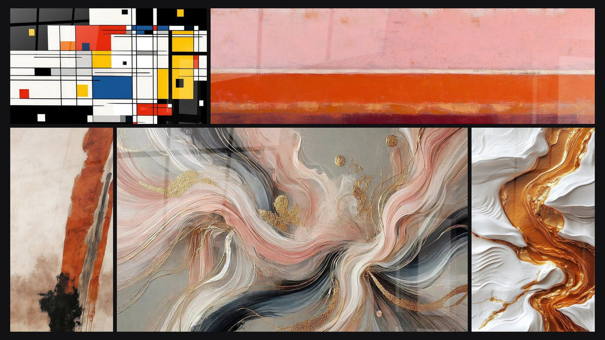 Mosaico de cinco cuadros, entre ellos Composición geométrica colorida y Abstracto horizontal rosa coral y burdeos
