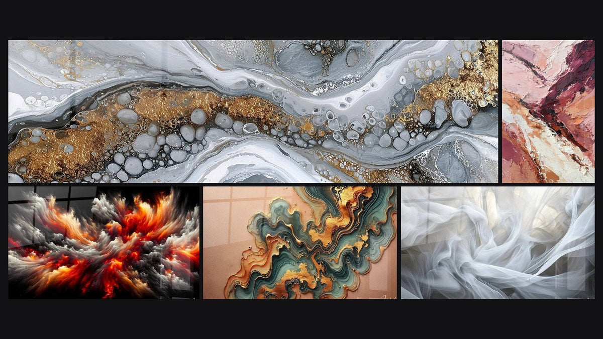 Mosaico di cinque quadri, tra cui Astratto Fluido Grigio e Oro, Tempesta Solare Abissale e Onda Ramata