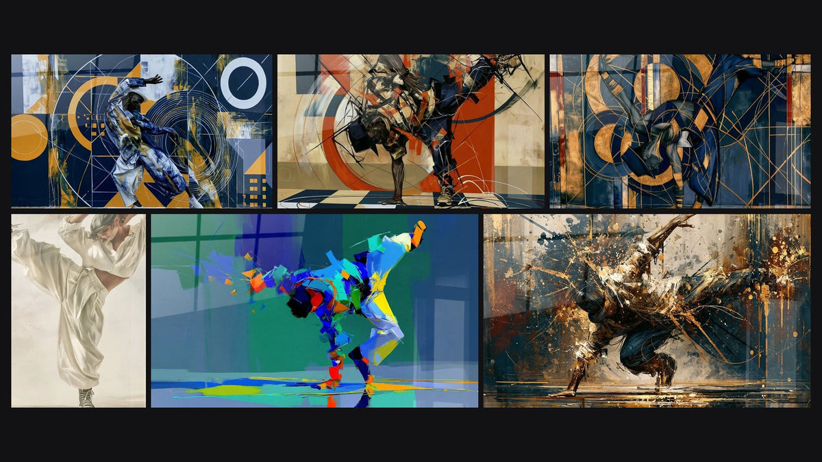 Mosaïque de six tableaux, dont Danseur bleu marine et ocre géométrique et Danseuse casquette noire pantalon crème