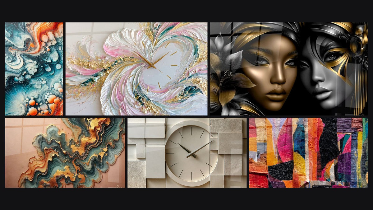 Mosaïque de six tableaux, dont Marée Ardente, Onde Cuivré et Tourbillon rose et doré empâté