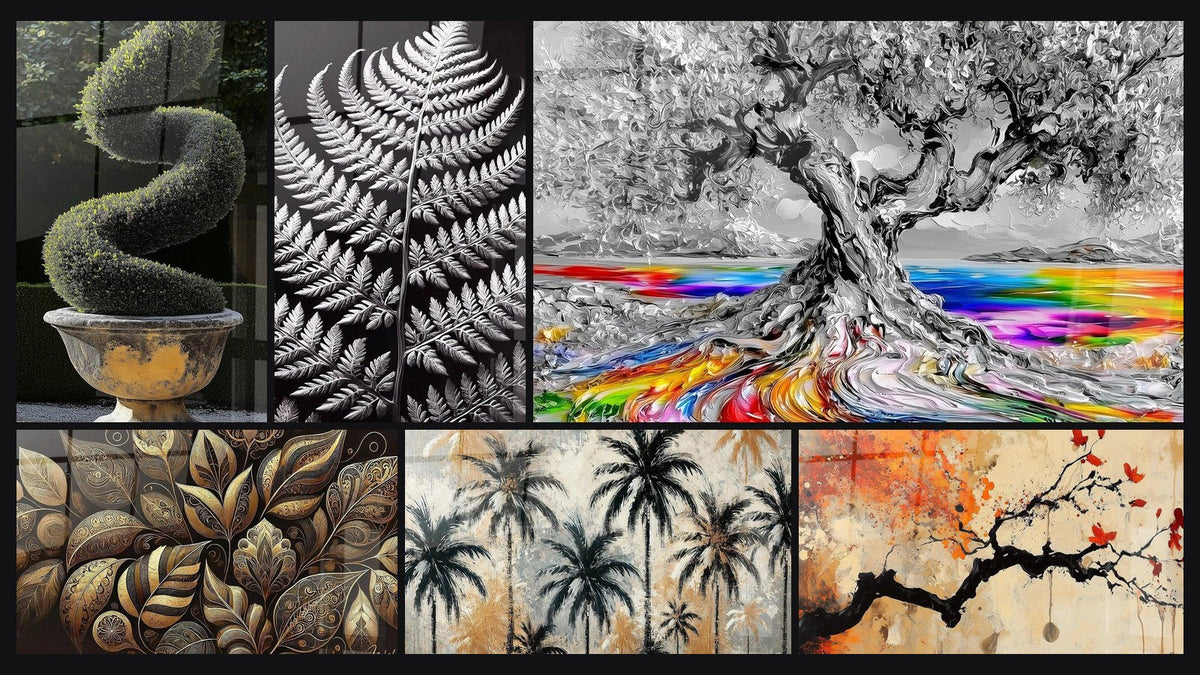 Mosaïque de six tableaux, dont Buis N°1, Feuillage Luxueux et Nature en Ombre