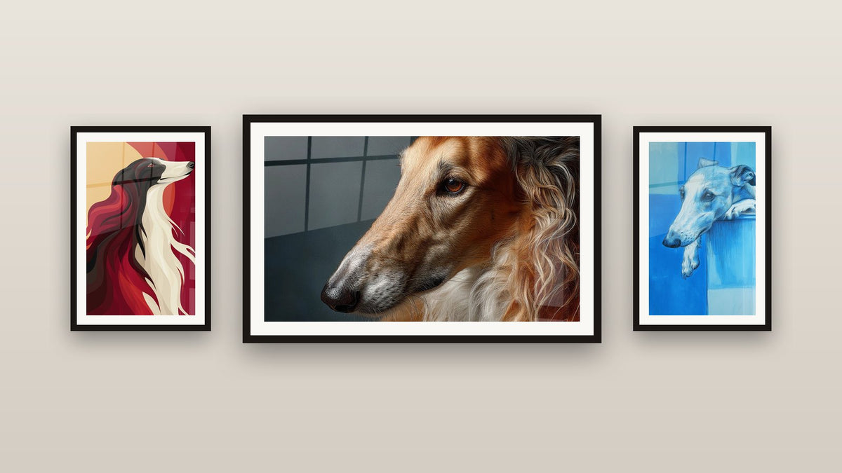 Mur de galerie avec trois tableaux encadrés, dont Portrait de Barzoi aux Couleurs Dorées