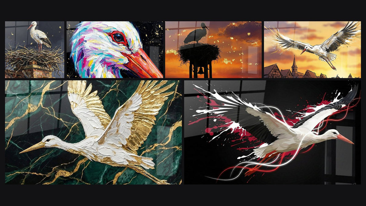 Mosaic of six paintings, including Stork on Fireplace, Stork and Modern Stork