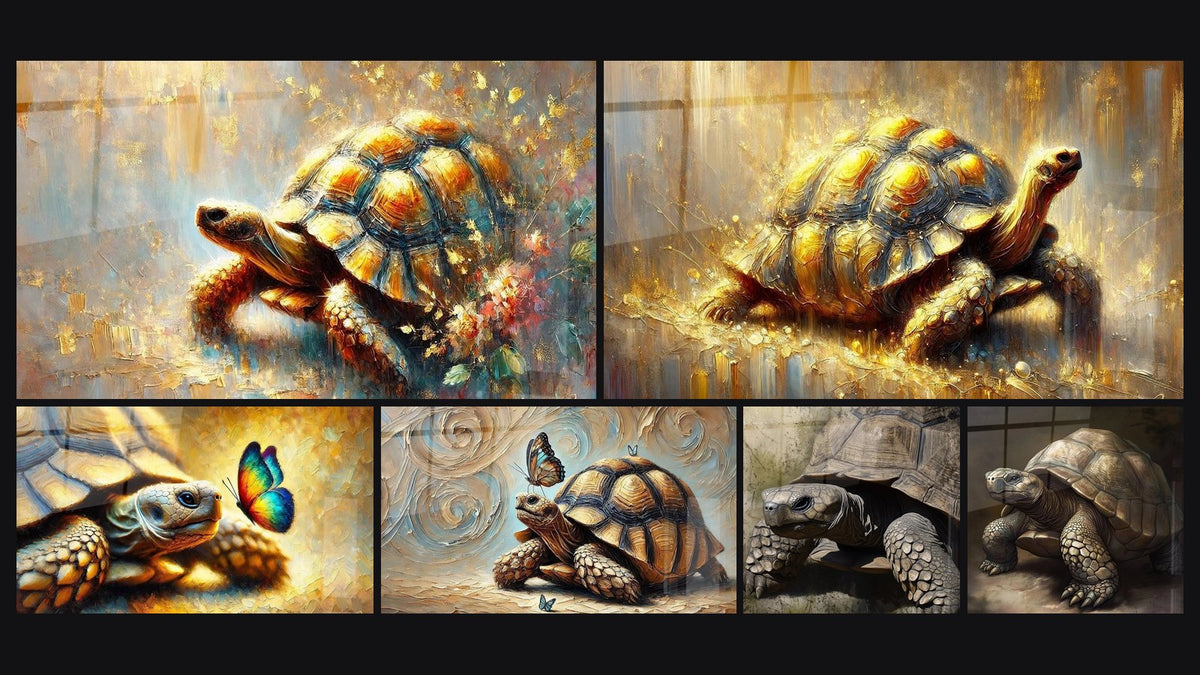 Mosaïque de six tableaux, dont La carapace d'or, Brillance terrestre et L'envol d'un instant