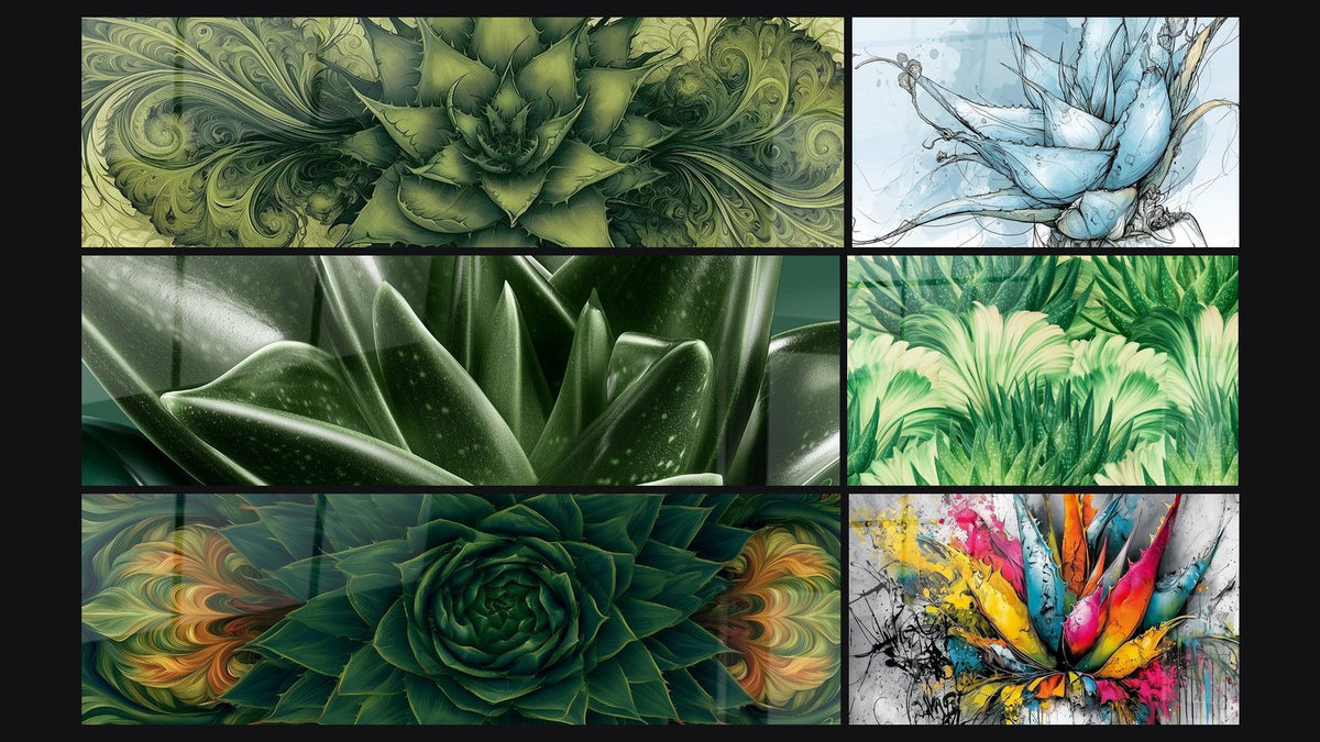 Mosaïque de six tableaux, dont Aloe vera vert olive à volutes symétriques et Aloe vera bleu pastel et beige esquissé