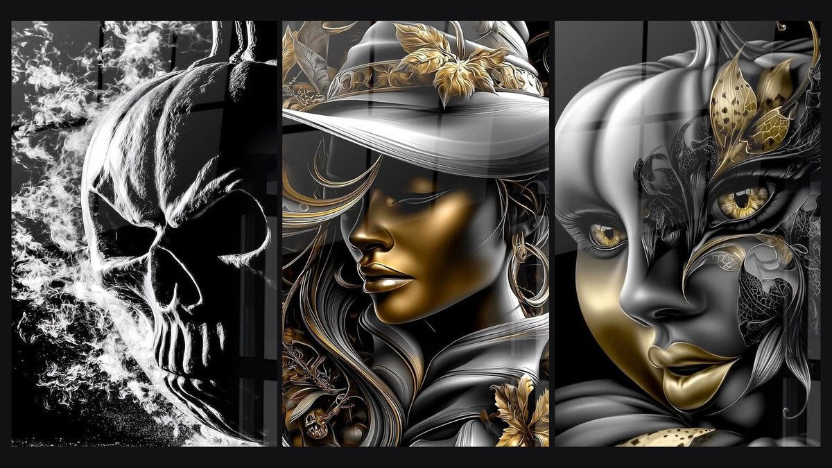 Mosaico de tres cuadros: Calavera Vapores del Más Allá, Mujer Misteriosa Magia Negra y Oro y Máscara Mirada Embrujada