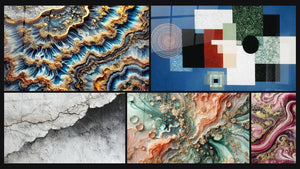 Mosaico de cinco cuadros, entre ellos Marea Dorada y Composición Geométrica Orden Racional