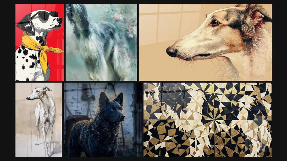 Mosaïque de six tableaux, dont Lévrier Blanc en Esquisse Élégante et Portrait de Lévrier Élégant aux Tons Dorés