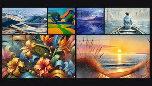 Mozaïek van zes schilderijen, waaronder Kleurrijk landschapstabelau, Tafel Stilte voor de storm en De Kunst van Water