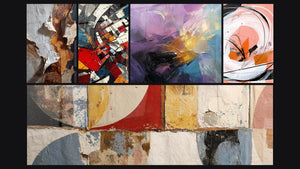 Mozaïek van vijf schilderijen, waaronder Abstracte geometrische vormen en Moderne Architectonische Revolutie