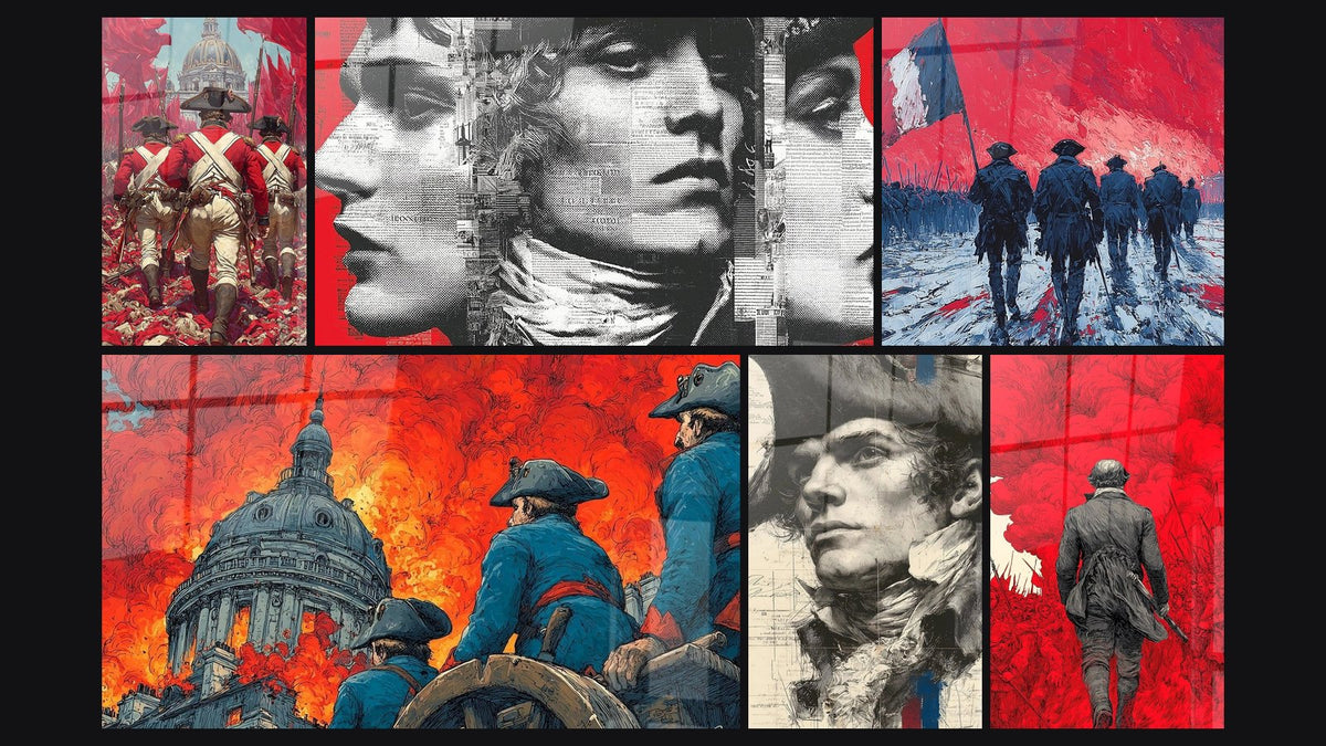 Mosaico de seis cuadros, entre ellos Soldados Bandera Ondulante y Revolucionarios Llamarada Sagrada