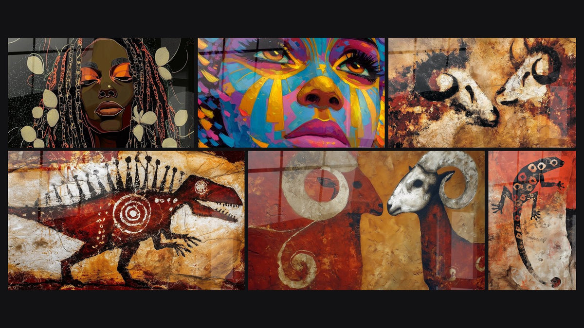 Mosaïque de six tableaux, dont Femme Africaine déesse urbaine, Visage soleil mystique et Dinosaure rouge