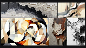 Mosaico de cinco cuadros, entre ellos Formas circulares entrelazadas, Sillage Abstracto y Burbujas abstractas