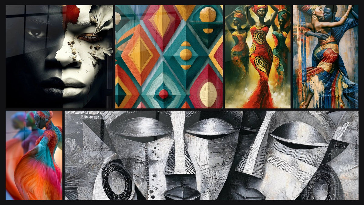 Mosaïque de six tableaux, dont Portrait Âme des origines et Motifs géométriques africains