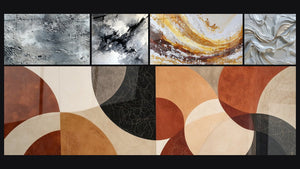 Mozaïek van vijf schilderijen, waaronder Abstract zilverkleurig grijs textuur
