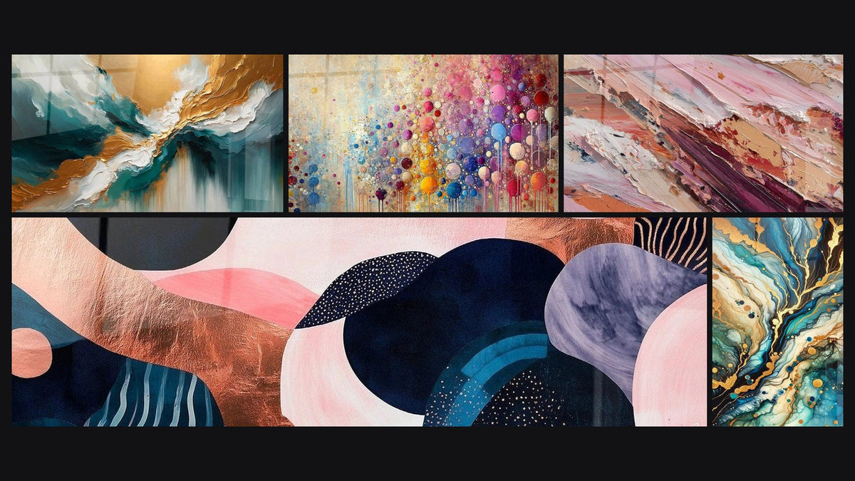 Mosaico di cinque quadri, tra cui Luce degli Abissi, Simbiosi Ondulatoria Corallo e Mosaico di Sfere