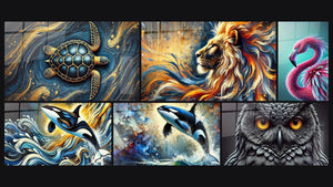 Mosaïque de six tableaux, dont Garde des Océans, Flamme Sauvage et Majesté Océanique