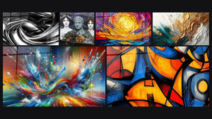 Mosaïque de six tableaux, dont Tourbillon métallique, Figures Songe Marmoréen et Soleil couchant spirale