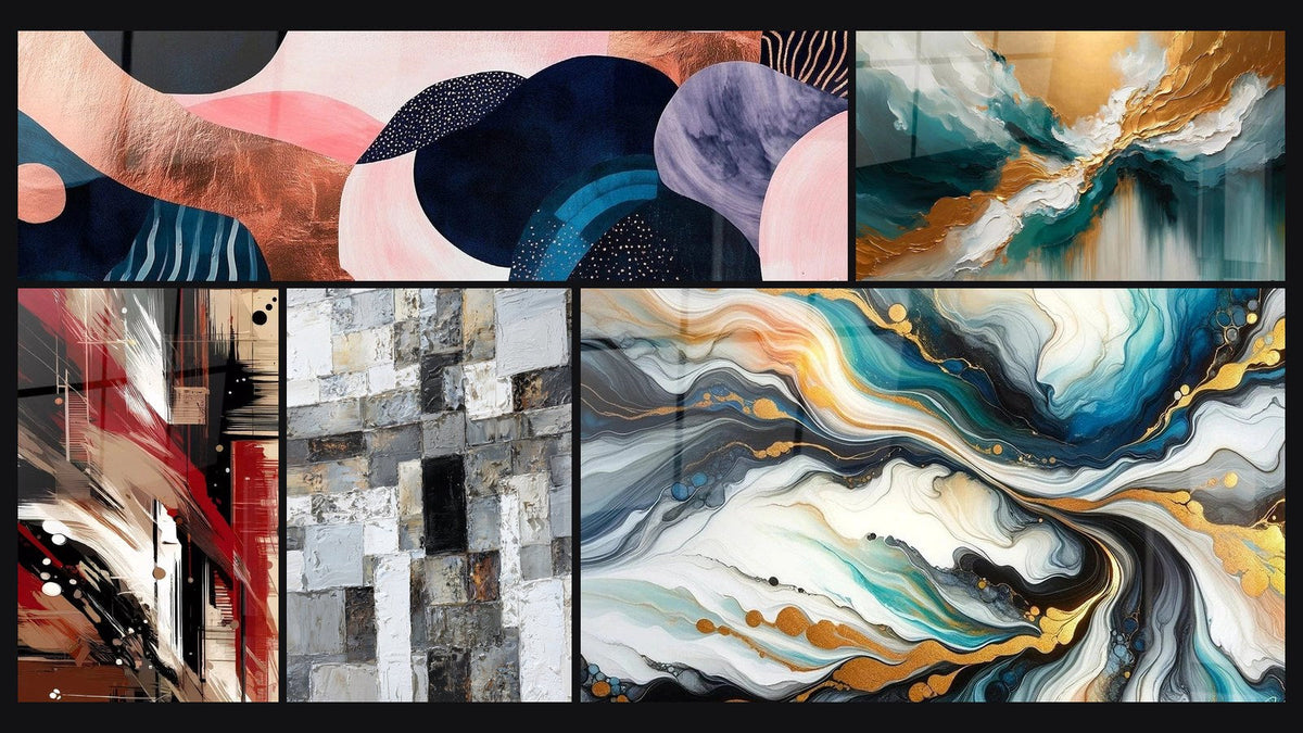 Mosaico de cinco cuadros, entre ellos Simbiosis Ondulante Coral, Desorden Estructurado y Mosaico Abstracto Gris y Blanco