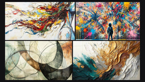 Mosaïque de quatre tableaux, dont Muse Moderne, Les Liens Invisibles et Éclats de Peinture