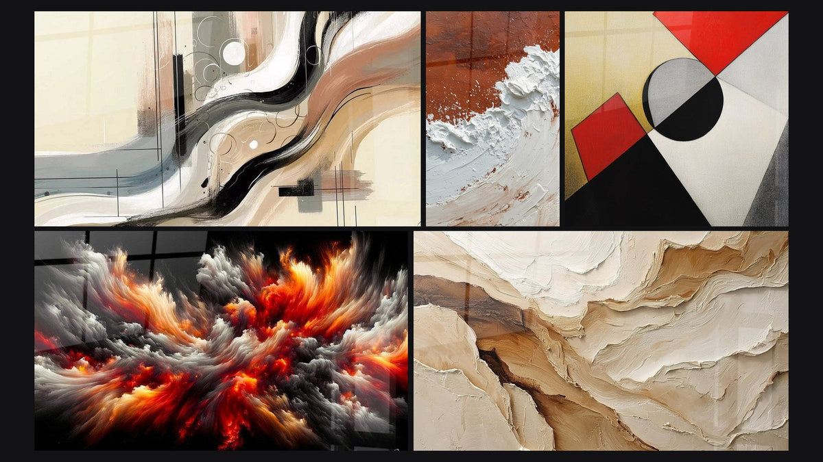 Mosaico de cinco cuadros, entre ellos Sillage Abstracto, Tormenta Solar Abisal y Abstracto Beige y Tierra