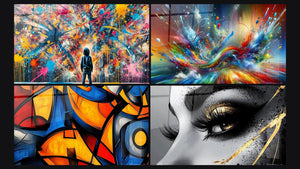 Mosaïque de quatre tableaux, dont Éclats de Peinture, Big Bang Artistique Éclatant et Formes géométriques colorées