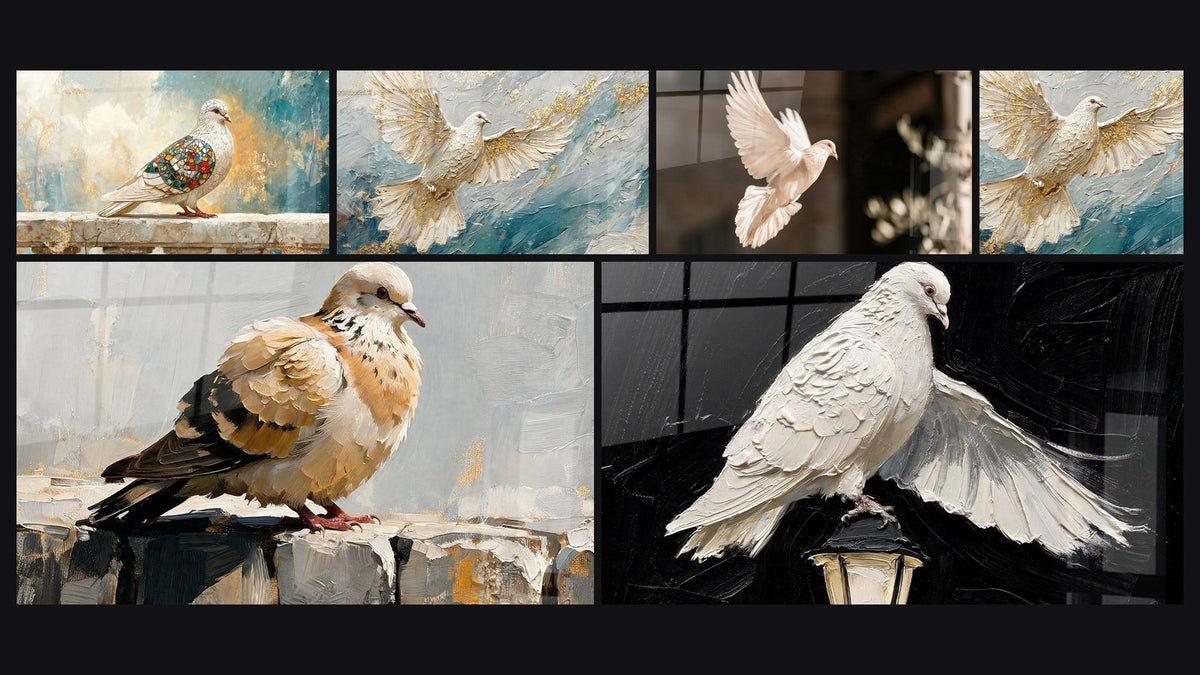 Mosaïque de six tableaux, dont Colombe blanche aux ailes mosaïque dorée et Colombe beige perchée sur muret gris