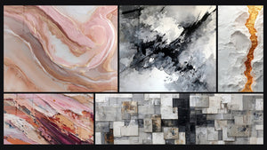 Mosaico de cinco cuadros, entre ellos Abstracto en tonos rosas y tierra y Grieta dorada serpentina en relieve blanco