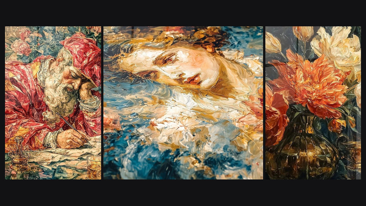 Mosaïque de trois tableaux : Saint Jérôme Plume Inspirée, Visage Révérie Ocre et Fleurs Symphonie Orangée
