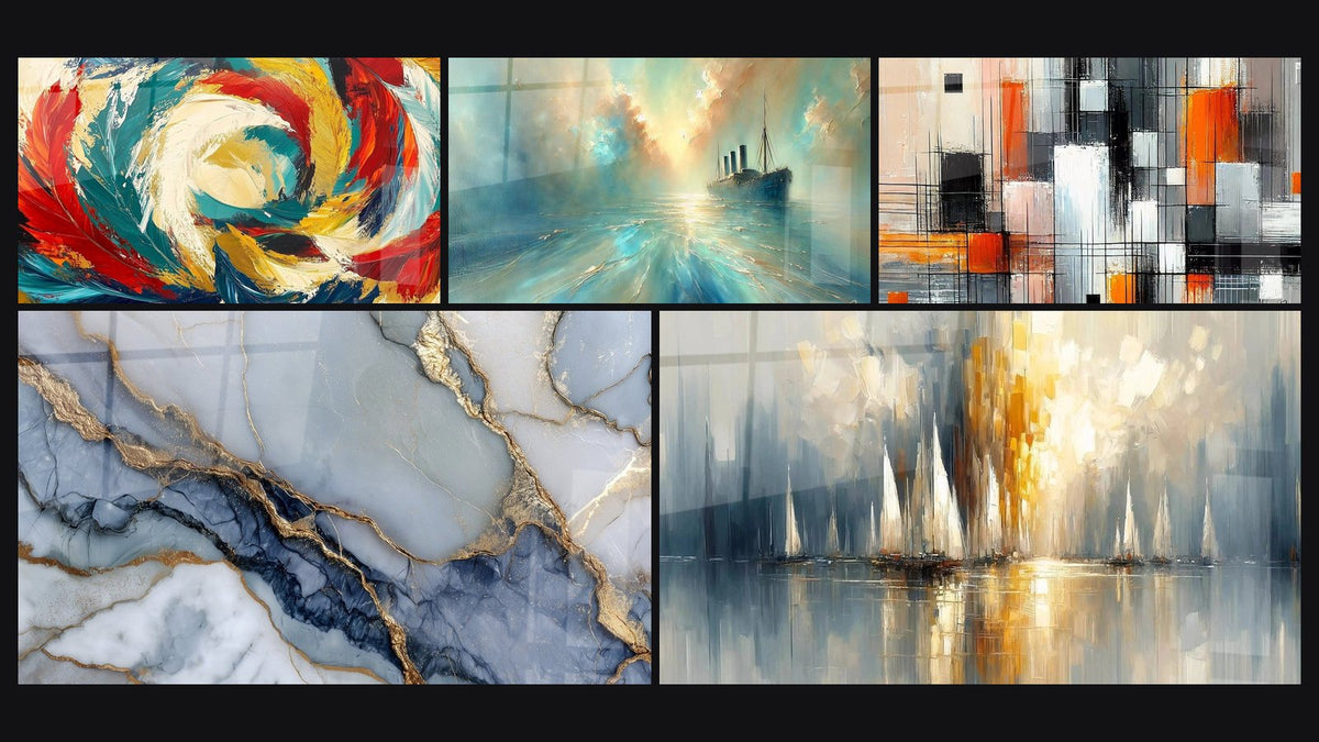 Mosaico di cinque quadri, tra cui Metamorfosi Cosmica, Venature dorate su fondo blu grigio e Nel Cuore della Brezza