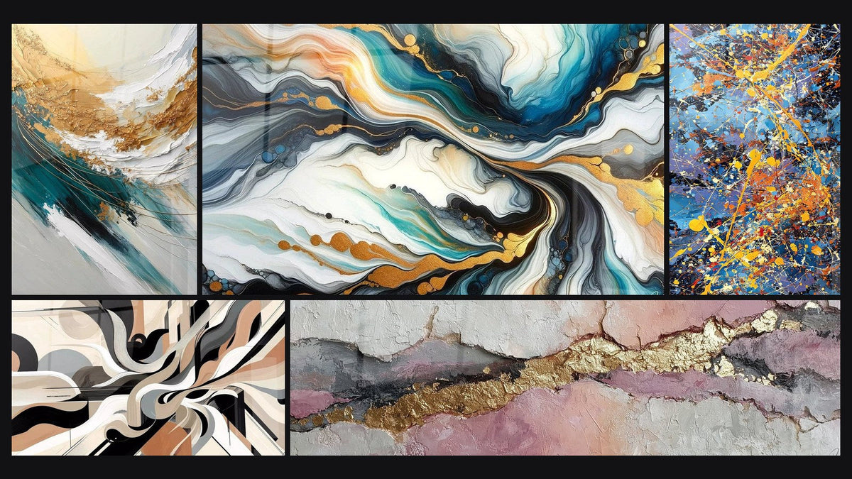 Mosaico de cinco cuadros, entre ellos Crepúsculo de Elementos, Abstracto de Corrientes Coloridas y Vibraciones Gráficas