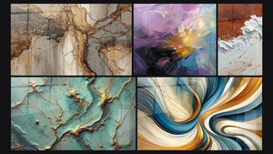 Mozaïek van vijf schilderijen, waaronder Abstracte gekleurde explosie, Gouden Rivieren en Elegante Spiralen