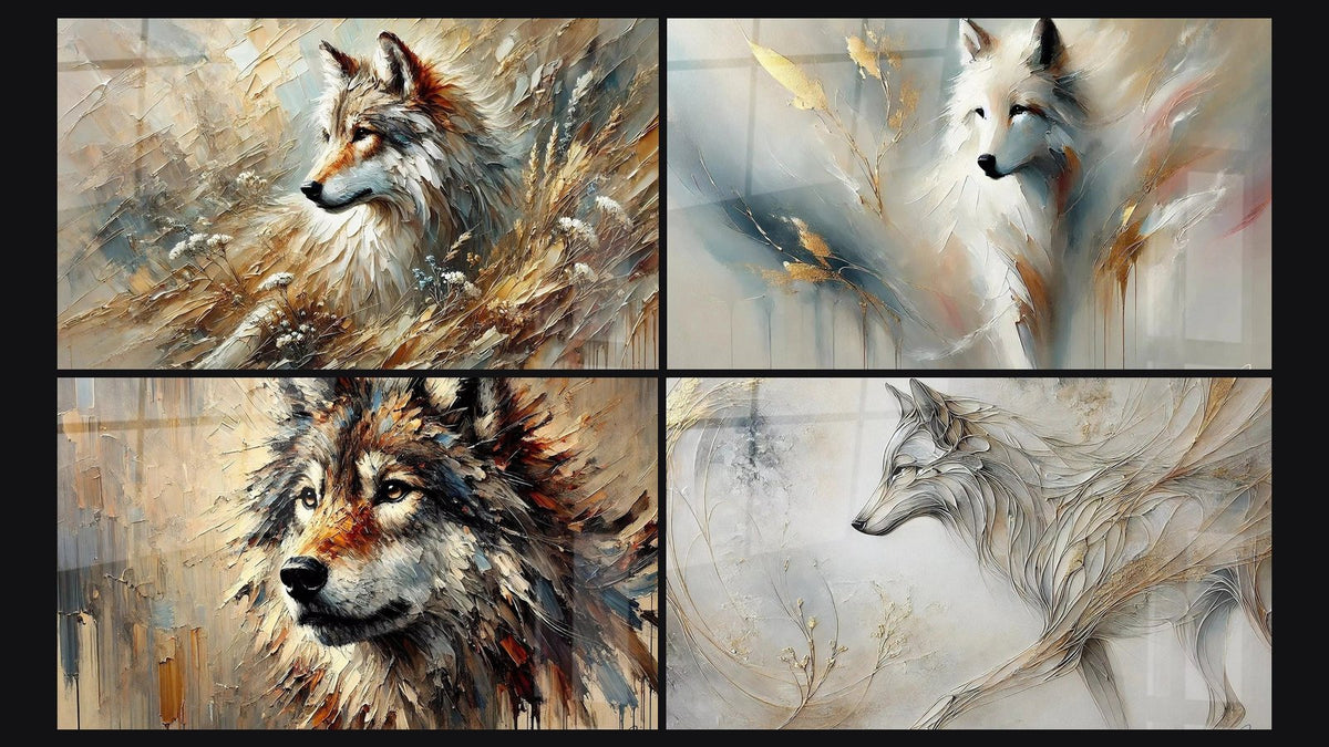 Mosaik aus vier Gemälden, darunter Echo des Waldes, Weiße Weisheit und König der Wilden Länder