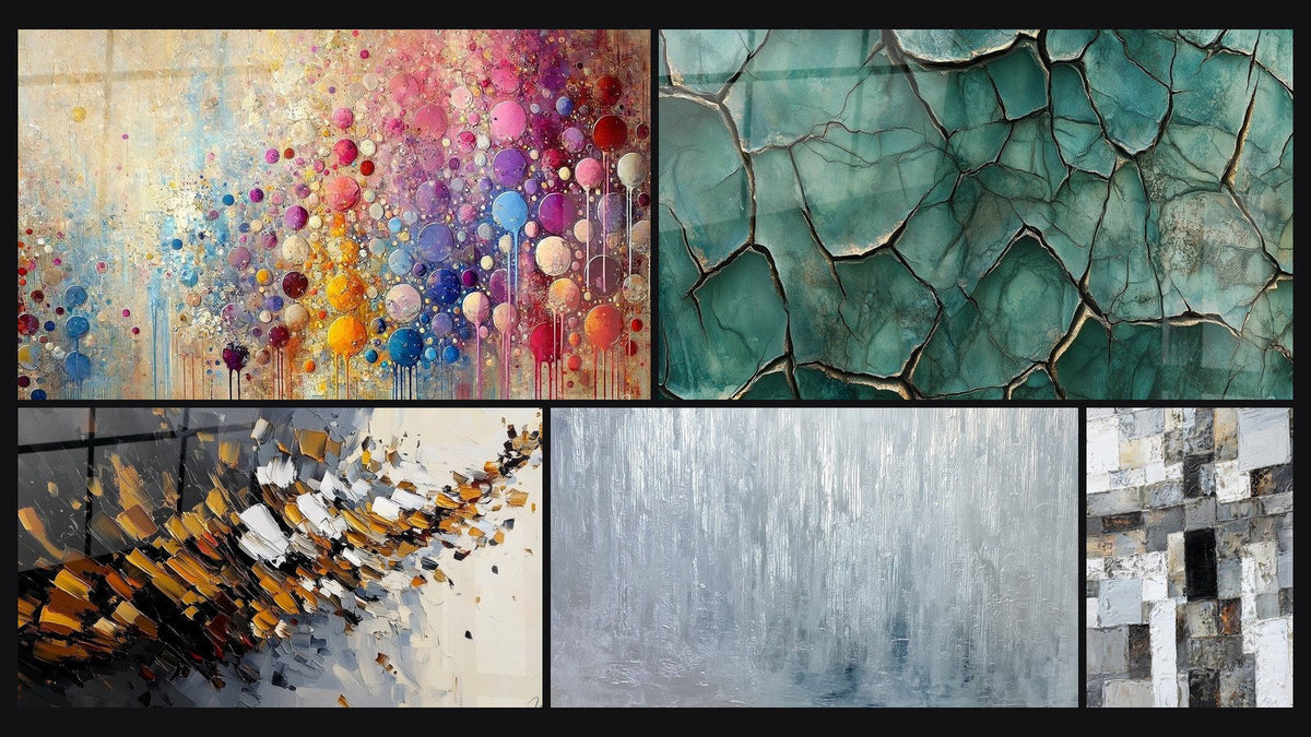 Mosaico di cinque quadri, tra cui Mosaico di Sfere, Terra Fratturata e Esplosione dinamica di