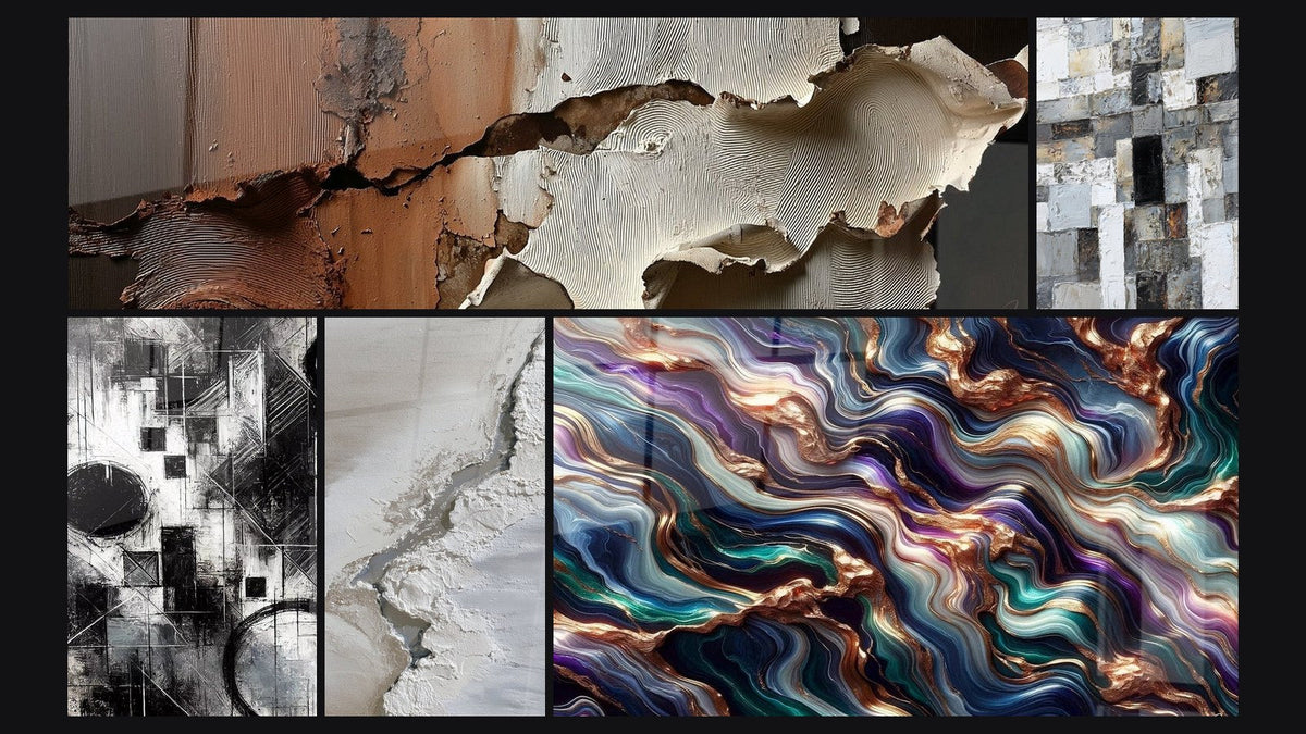 Mosaico de cinco cuadros, entre ellos Fragmentos del Absoluto, Mosaico Abstracto Gris y Blanco y Serenata Mineral