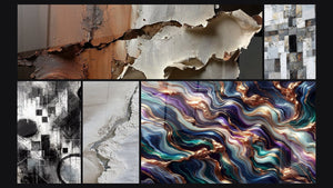 Mosaico de cinco cuadros, entre ellos Fragmentos del Absoluto, Mosaico Abstracto Gris y Blanco y Serenata Mineral