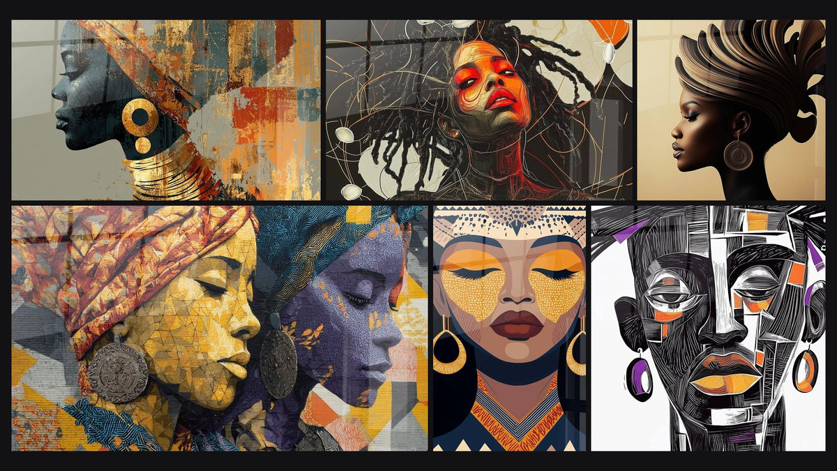 Mosaico de seis cuadros, entre ellos Mujer Africana, Dos mujeres africanas perfil y Africano Melodía Visual
