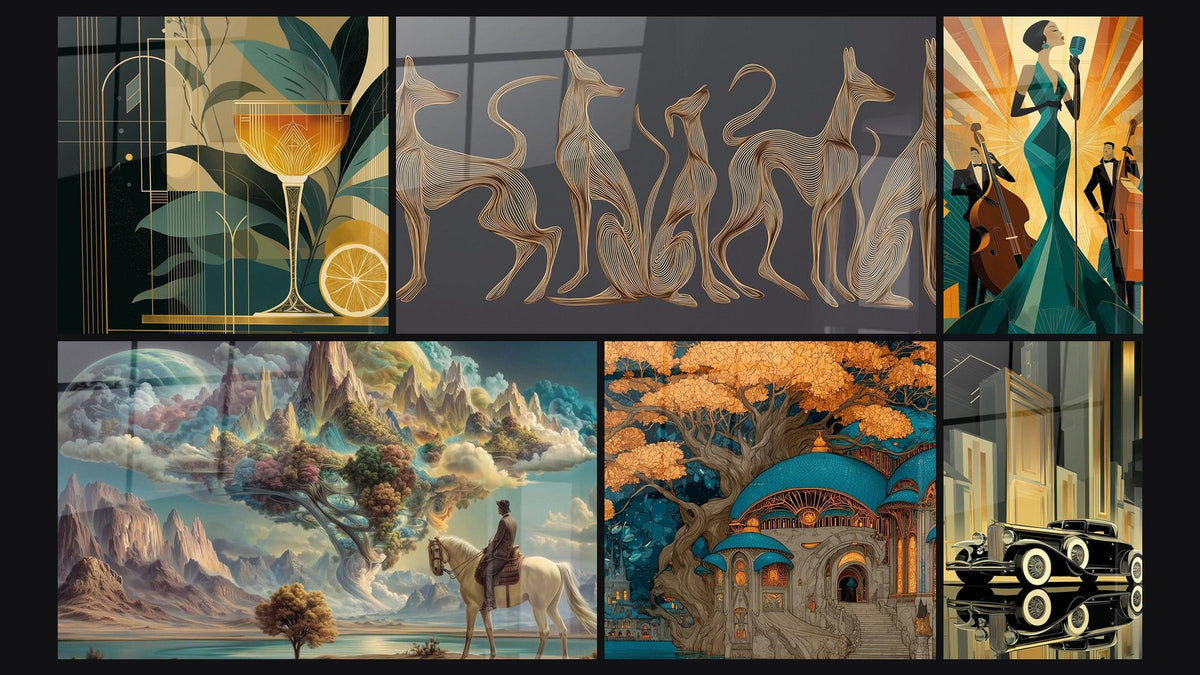 Mosaïque de six tableaux, dont Cocktail Art Déco, Chiens Stylisés et Cavalier Jardin Aérien