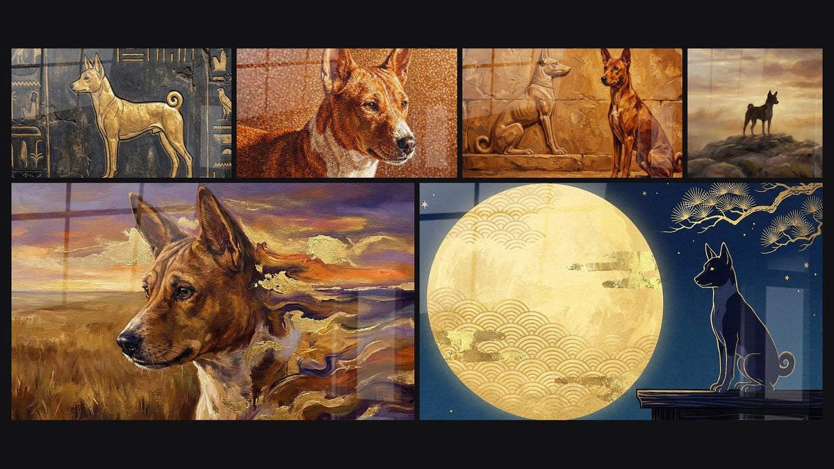 Mosaïque de six tableaux, dont Chien Doré sur Hiéroglyphes Égyptiens et Chien Roux et Statue Antique