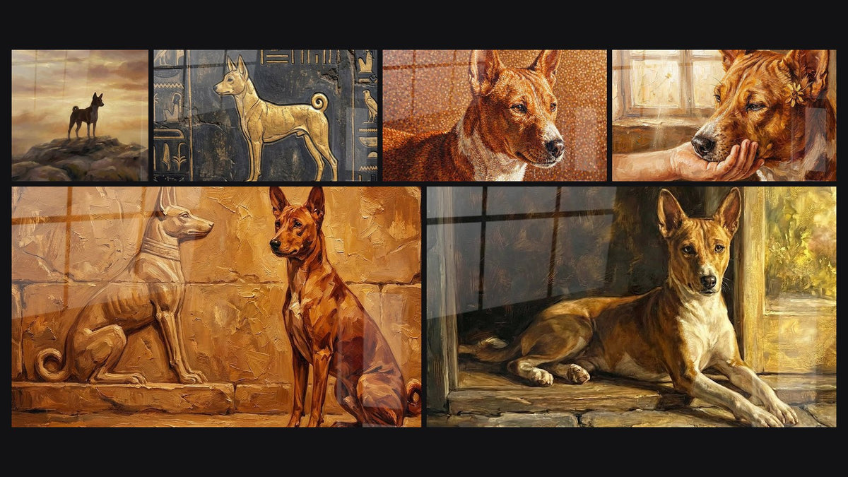 Mosaik aus sechs Gemälden, darunter Goldener Hund auf ägyptischen Hieroglyphen und Hund Basenji Rot und ausgestreckte Hand