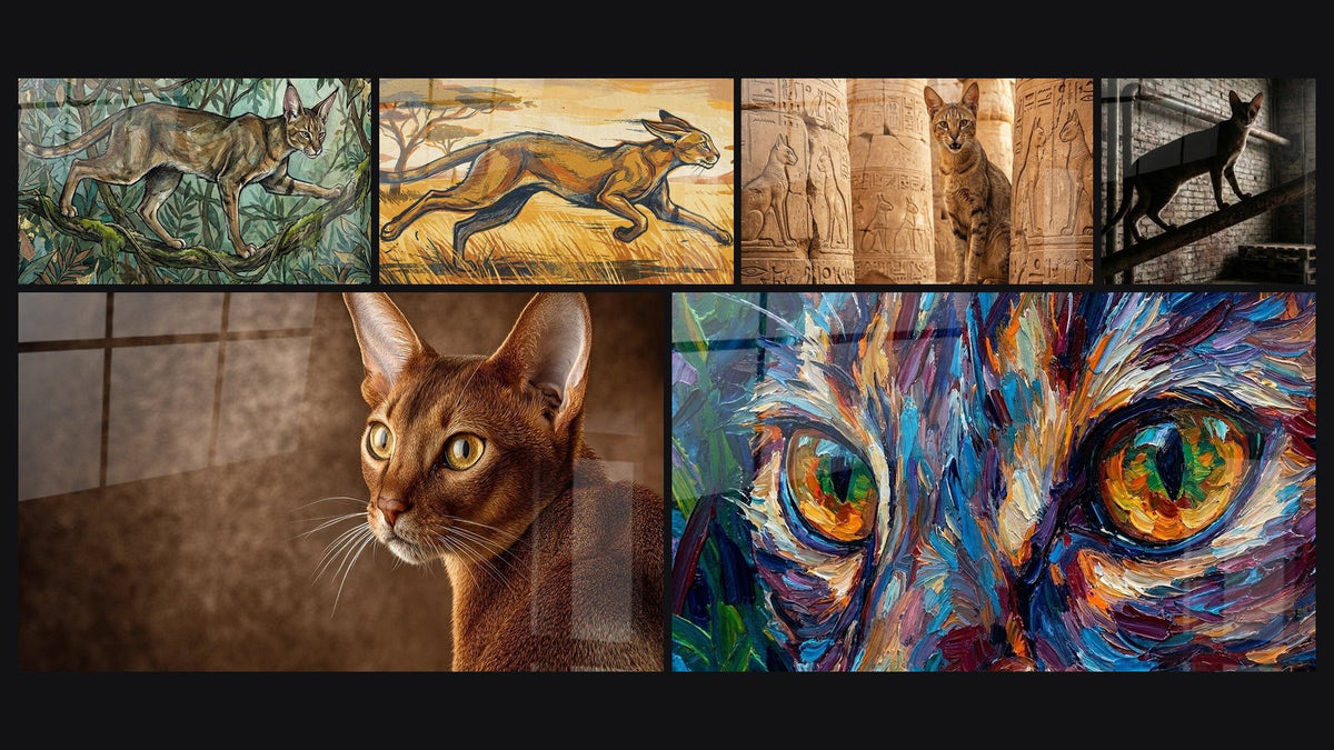 Mosaico de seis cuadros, entre ellos Gato salvaje en la jungla, Gato Chausie Perfil y Gato Salvaje Corriendo