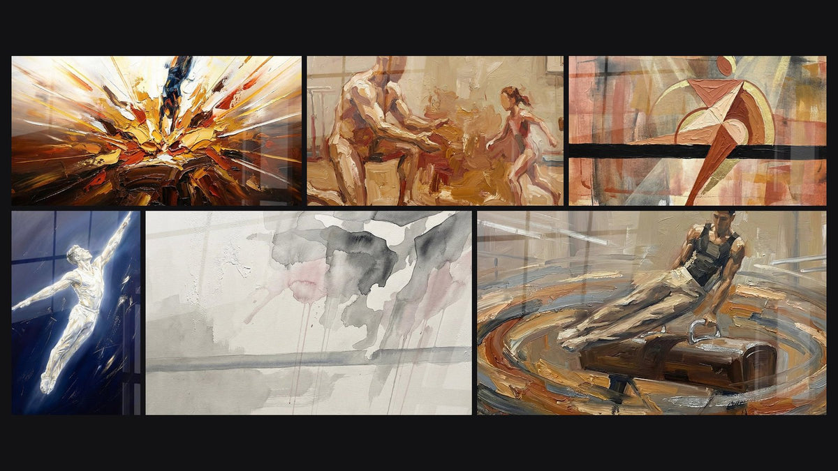 Mosaico di sei quadri, tra cui Esplosione Artistica di, Guardaroba Sportivo e Ginnastica in Volo