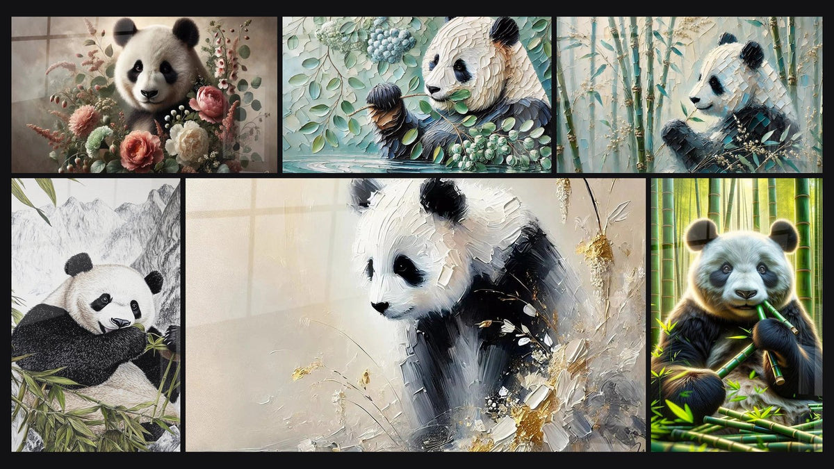 Mosaïque de six tableaux, dont Le Goût du Silence, Reflet de Sérénité et Panda Sage des hauteurs