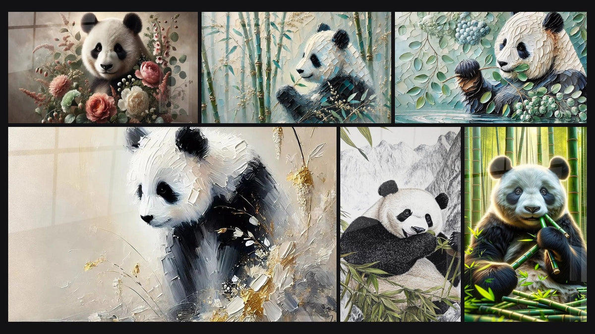 Mosaic of six paintings, including The Taste of Silence, The Panda's Garden and Little Marvel