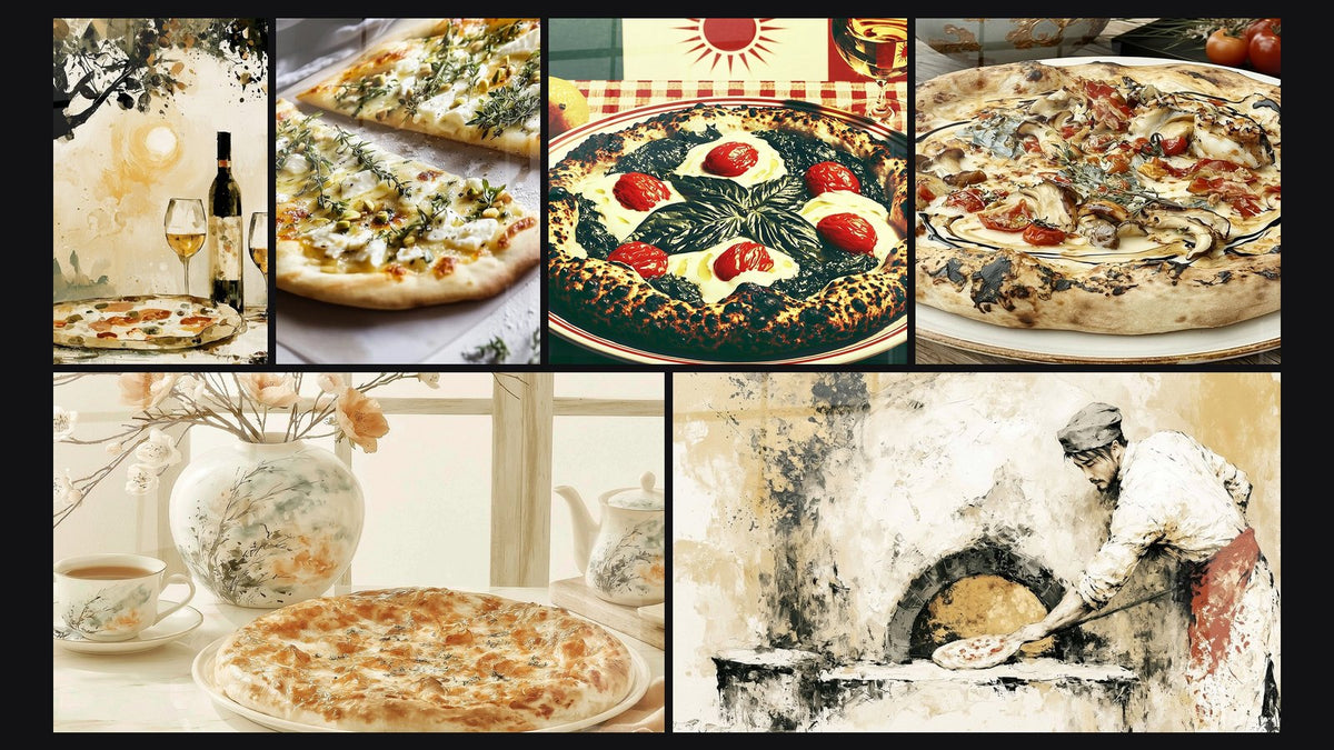 Mosaïque de six tableaux, dont Pizza N°1, Pizza blanche aux tomates et champignons et Pizza dorée nature morte fleurs pastel