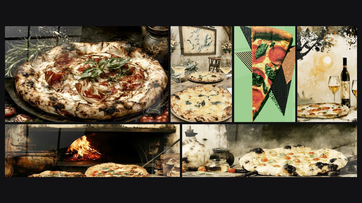 Mosaic of six paintings, including Pizza Margherita White Pizza Table and Pizza Slice Triangle Green Geometric