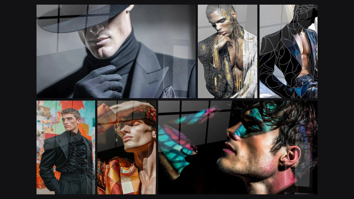 Mosaïque de six tableaux, dont Homme Classe, Art Numérique et Gentleman