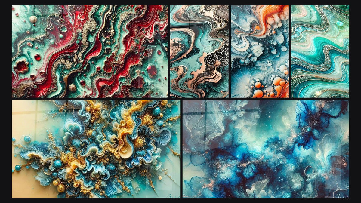 Mosaic of six paintings, including Emerald Fusion, Marine Abyss and Blazing Tide